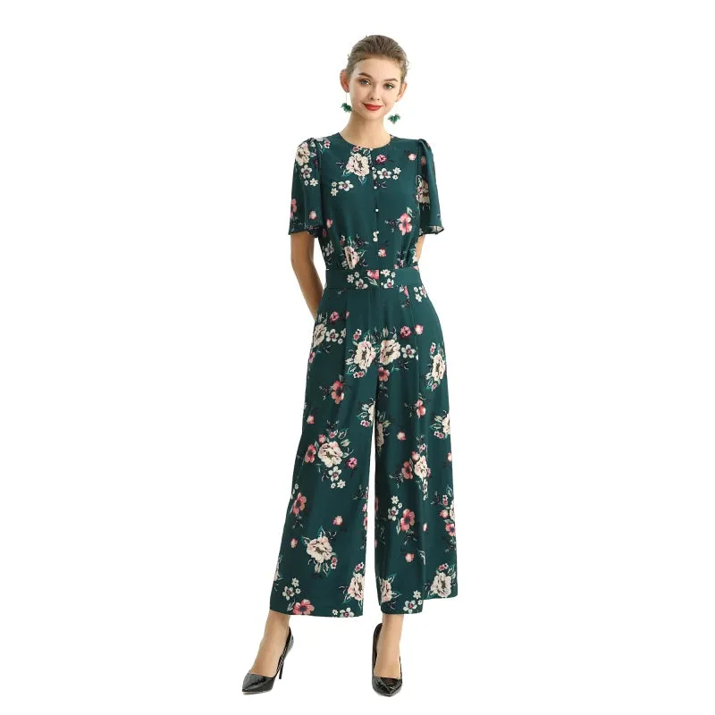 R160 Women floral print short puff sleeves jumpsuit