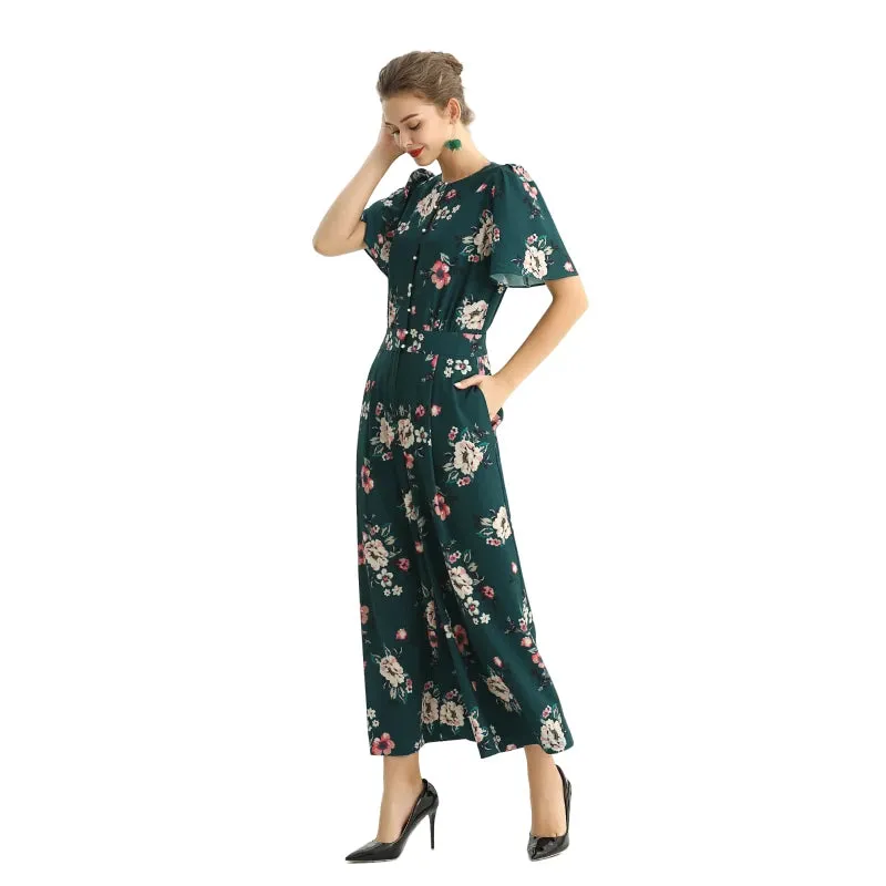 R160 Women floral print short puff sleeves jumpsuit