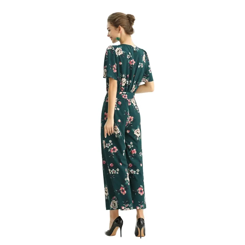 R160 Women floral print short puff sleeves jumpsuit