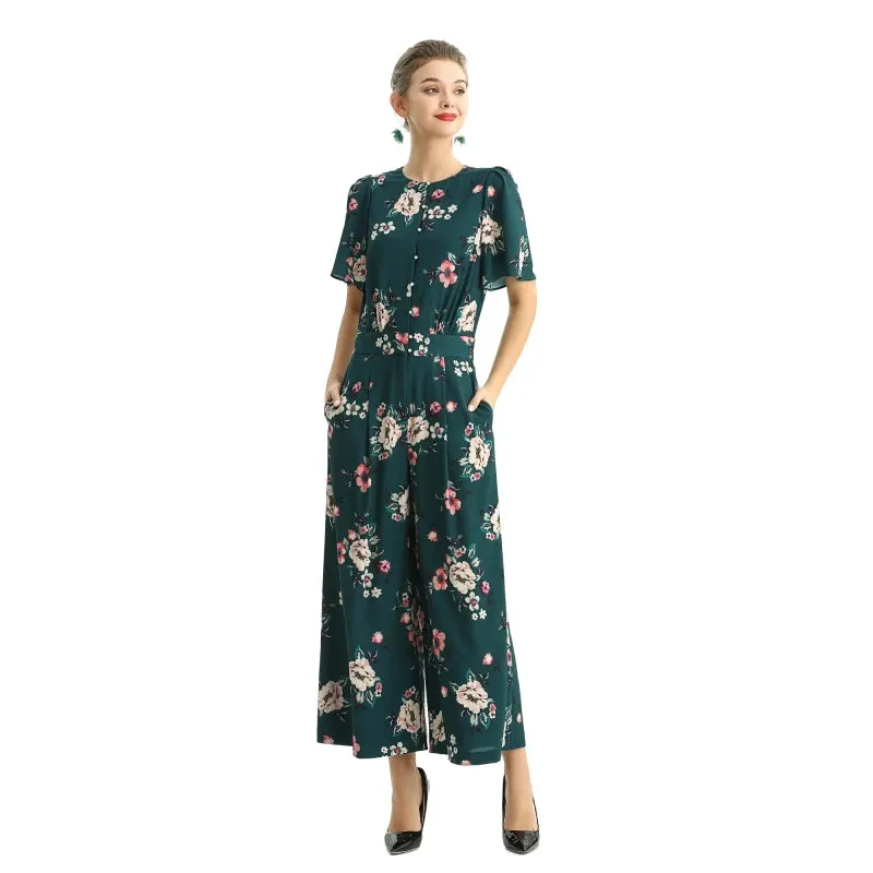 R160 Women floral print short puff sleeves jumpsuit