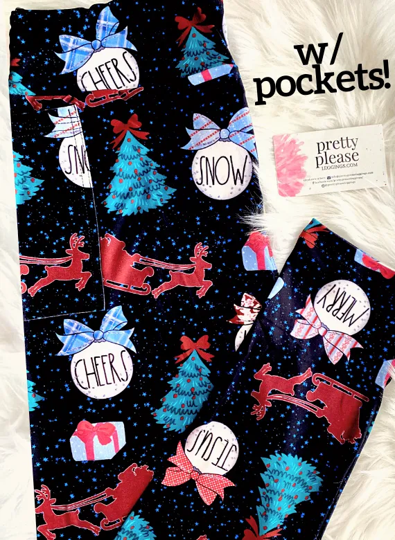 Rae Dunn Christmas Bulbs Super SOFT Leggings w/ Santa's sleigh Farmhouse Holiday Plus rts