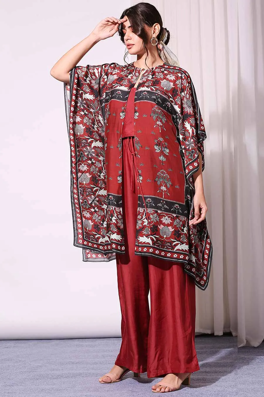 Red Silk Jumpsuit With Printed Jacket