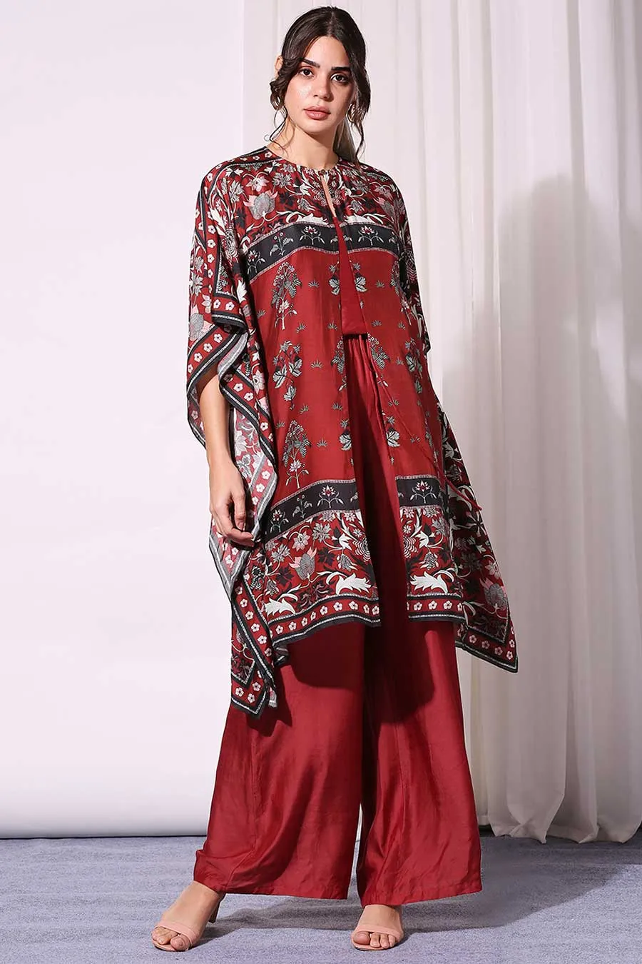 Red Silk Jumpsuit With Printed Jacket