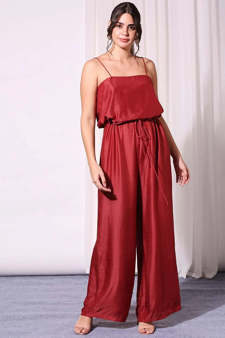 Red Silk Jumpsuit With Printed Jacket