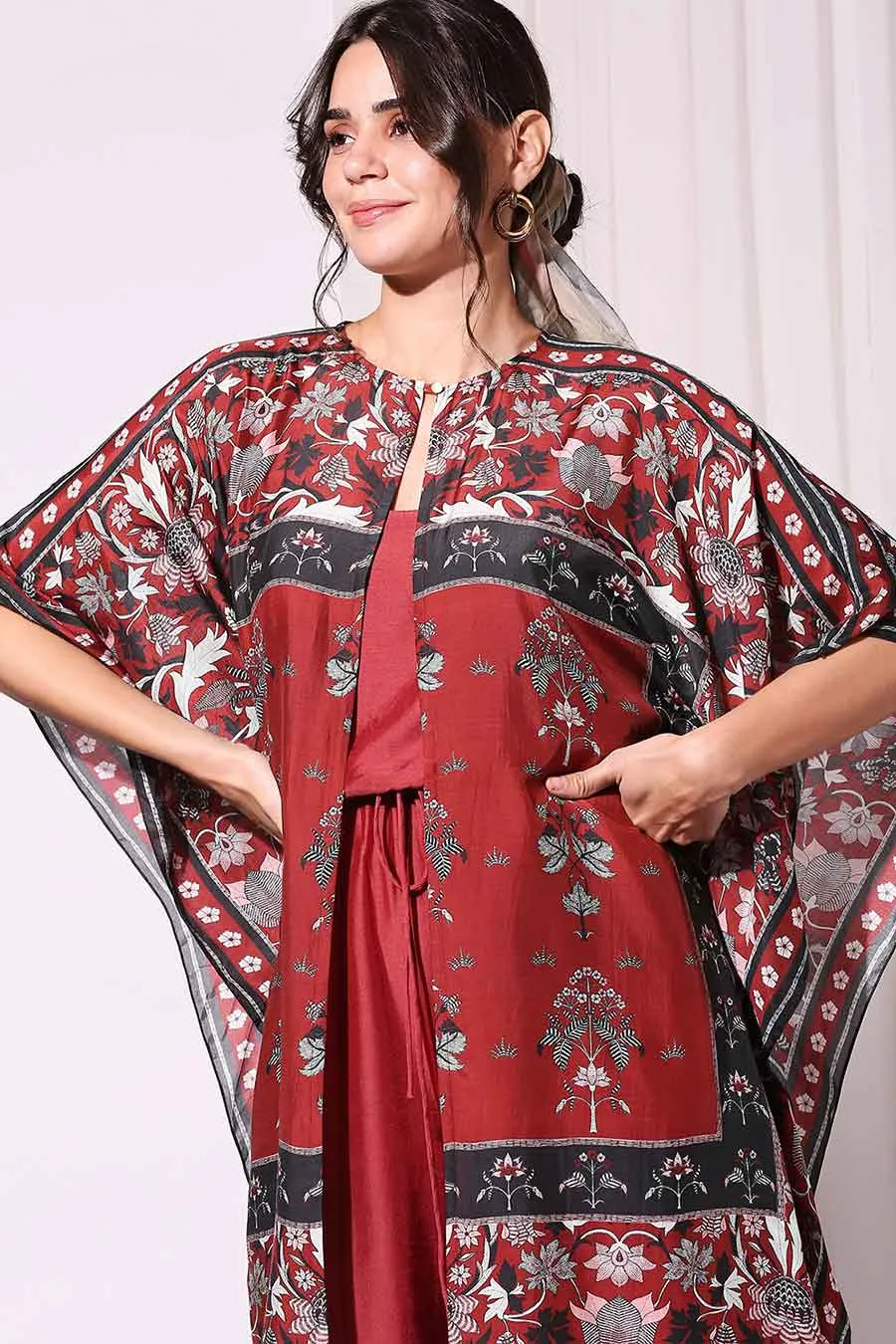 Red Silk Jumpsuit With Printed Jacket