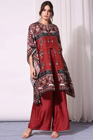 Red Silk Jumpsuit With Printed Jacket