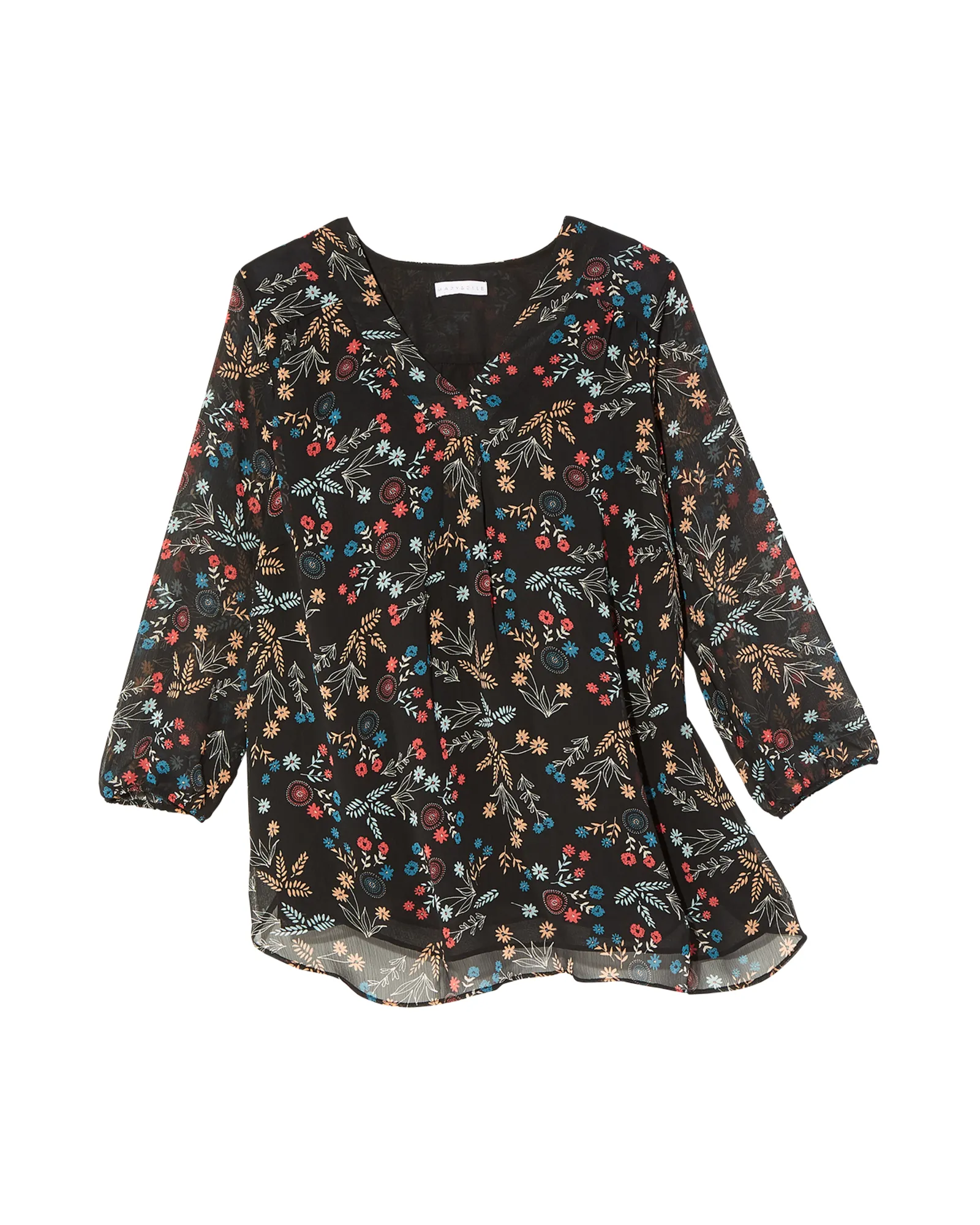 Samantha V-Neck Sheer 3/4 Sleeve Blouse | Black / Red