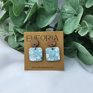 Small Square Leather Earrings - White Floral over Seafoam